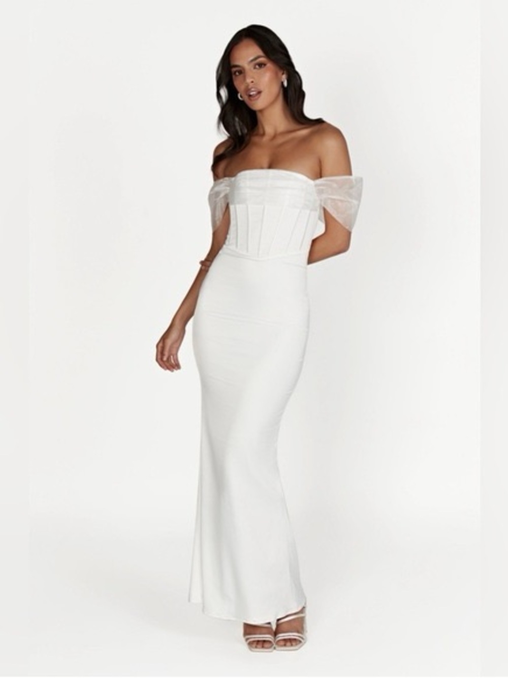 Meshki Everly Off Shoulder White Corset Satin Formal Long Maxi Wedding Dress Med